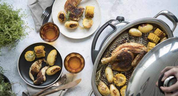 Pollo alla griglia con patate e mais